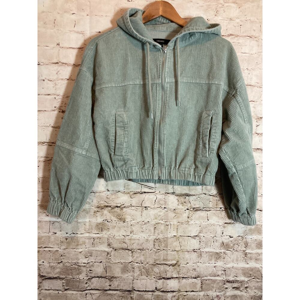 Forever 21 Corduroy Jacket Womens XS Light Sage Green Front Zip Hooded Bomber